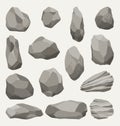 Rock stones or debris of mountain. Gravel, gray stone. Collection of various shapes, pieces of fossil stone. Polygonal Royalty Free Stock Photo