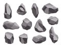 Rock stones or debris of mountain. Gravel, gray stone. Collection of various shapes, pieces of fossil stone. Polygonal