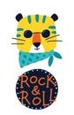 Rock tiger in glasses postcard - rock and roll. Vector cartoon character in rock accessories. Isolate illustration on Royalty Free Stock Photo