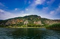 Rock Tombs near the Caunus Kaunos Ancient City. Ancient Lycian Rock Tombs of Dalyan, Mugla, Turkey Royalty Free Stock Photo