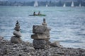 Rock towers built from superimposed stones found on the shore of the lake Constance