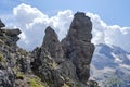 Rock towers on via ferrata Delle Trincee meaning Way of the trenches, Padon Ridge, Dolomites mountains, Italy. Summer adventure