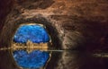 Rock wall reflected in the largest underground lake in Europe. Royalty Free Stock Photo