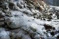 Rock water cascade or frozen waterfall on mountain stream Royalty Free Stock Photo