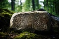 A rock with writing on it is found in a peaceful, wooded area, showcasing the harmony of nature and human presence, A stone