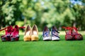 Rockabilly hen-party in park. Girls shoes on the grass Royalty Free Stock Photo