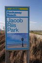 Rockaway Beach sign at Jacob Riis Park in Far Rockaway, New York