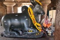 Rockcut Sculpture of Nandi at Shrine, Virupaksha Temple, Pattadakal Temples, near Badami, Bagalot, Karnataka, India.