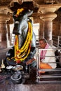 Rockcut Sculpture of Nandi at Shrine, Virupaksha Temple, Pattadakal Temples, near Badami, Bagalot, Karnataka, India.