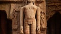 Rockcut statue of Jain thirthankara in rock niche near Gwalior fort. Gwalior, Madhya Pradesh, India