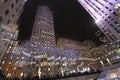 Rockefeller Center skating rink and Christmas tree by night. New York, USA