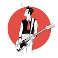 Rocker with electric guitar in sketch style on red background.
