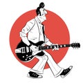 Rocker with electric guitar in sketch style on red background.