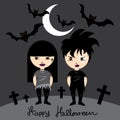 The rocker girl and boy wearing black costume at night Halloween. Royalty Free Stock Photo