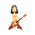 Rocker playing guitar on his knees. Guitarist of rock or metal band. Musical performer on stage. Cartoon character of Royalty Free Stock Photo