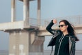 Fashion Woman with Sunglasses and Leather Jacket Rock Biker Style Royalty Free Stock Photo