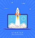 Business project startup concept. Rocket launch from laptop screen Royalty Free Stock Photo