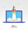 Business project startup concept. Rocket launch from laptop screen Royalty Free Stock Photo