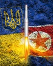 The rocket against the background of the Ukrainian and North Korean flags