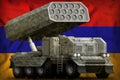 Rocket artillery, missile launcher with grey camouflage on the Armenia national flag background. 3d Illustration