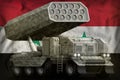 Rocket artillery, missile launcher with grey camouflage on the Syrian Arab Republic national flag background. 3d Illustration