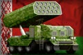 Rocket artillery, missile launcher with pixel green camouflage on the Belarus national flag background. 3d Illustration