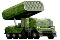 Rocket artillery, missile launcher with pixel green camouflage with fictional design - isolated object on white background. 3d ill