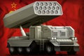 Rocket artillery, missile launcher on the Soviet Union SSSR, USSR national flag background. 9 May, Victory Day concept. 3d