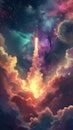 Rocket ascending through vibrant cosmic clouds