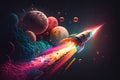 rocket blasting off into the night sky, with colorful stars and planets in the background Royalty Free Stock Photo