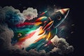 rocket blasting off into the night sky, with colorful stars and planets in the background Royalty Free Stock Photo