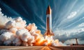 A rocket blasting off into the sky with smoke trails, suitable for space or technology related themes Royalty Free Stock Photo