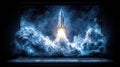 Rocket launching into space from a laptop screen in a cosmic setting with bright clouds Royalty Free Stock Photo