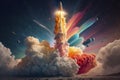 a rocket blasting off with a starburst of colourful clouds