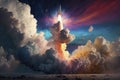 a rocket blasting off with a starburst of colourful clouds