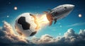 A rocket collides with a soccer ball mid-air, creating a dynamic explosion effect with Royalty Free Stock Photo