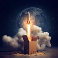 Rocket coming out of a cardboard box with the moon in the background.