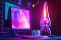 Rocket coming out of desktop computer screen , neon light. generative ai AIG32