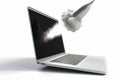Rocket coming out of laptop screen, white background. AI Generative Royalty Free Stock Photo