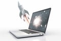 Rocket coming out of laptop screen, white background. AI Generative Royalty Free Stock Photo