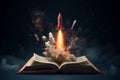 Rocket coming out of open book banner. Generate Ai