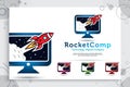 Rocket computer vector logo with simple style concept, illustration of rocket and computer can use for symbol digital template of
