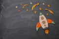 Rocket cut from paper and painted over class room blackboard background.