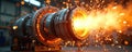 Rocket engine test with blazing flames. High-tech experiment demonstrates ignition, power, thrust, combustion. Powerful blast Royalty Free Stock Photo
