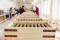 Rocket explosives in boxes in an ammo factory Royalty Free Stock Photo