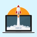 Rocket fast start up launch circle,ecommerce business start up flat vector Royalty Free Stock Photo