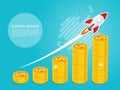 Rocket fast start up launch,growing business growth step graph,business gold coin flag vector