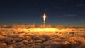 Rocket flies through the clouds at sunset