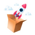 The rocket flies out of an open cardboard box into the clouds. Vector illustration of the think outside the box concept isolated Royalty Free Stock Photo