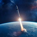 a rocket flies into space from the territory of the earth, Generative AI Royalty Free Stock Photo